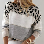 Back view of the white and grey colour-block jumper showing the leopard print across the shoulders