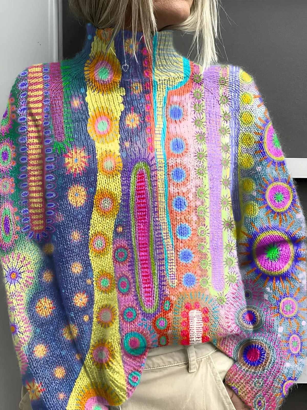 Close-up of a multicoloured knitted polo neck jumper with abstract embroidered floral and dot pattern, worn by a woman
