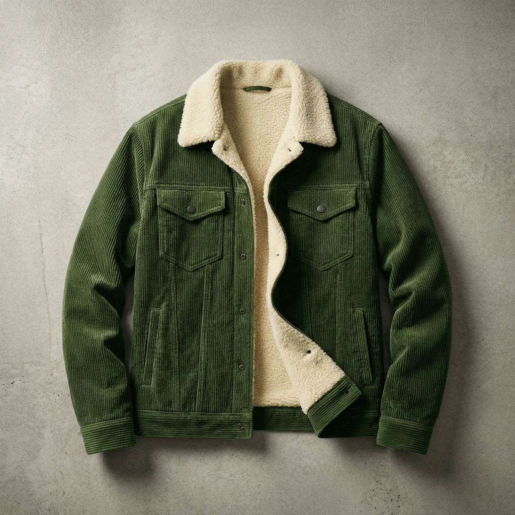 Green corduroy trucker jacket with cream sherpa collar, lying open on a concrete backdrop showing ribbed texture and snap buttons