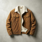 Brown corduroy trucker jacket with cream sherpa lining, front view with flap chest pockets and metal snap fastenings