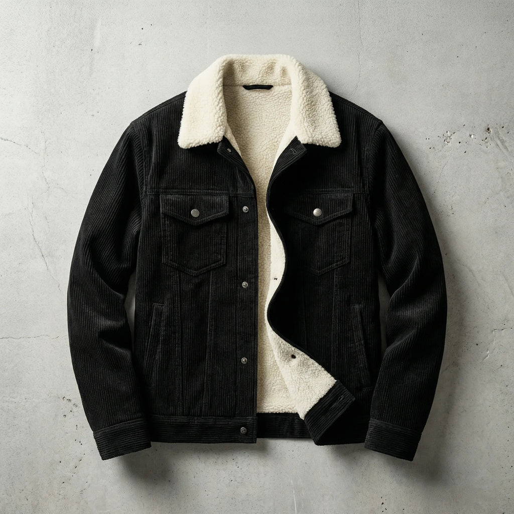 Black corduroy trucker jacket with cream sherpa collar, laid flat showing straight hem and corduroy rib detail