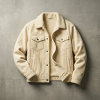 Cream corduroy trucker jacket with matching sherpa collar, fully buttoned view showing tonal stitching and chest pockets