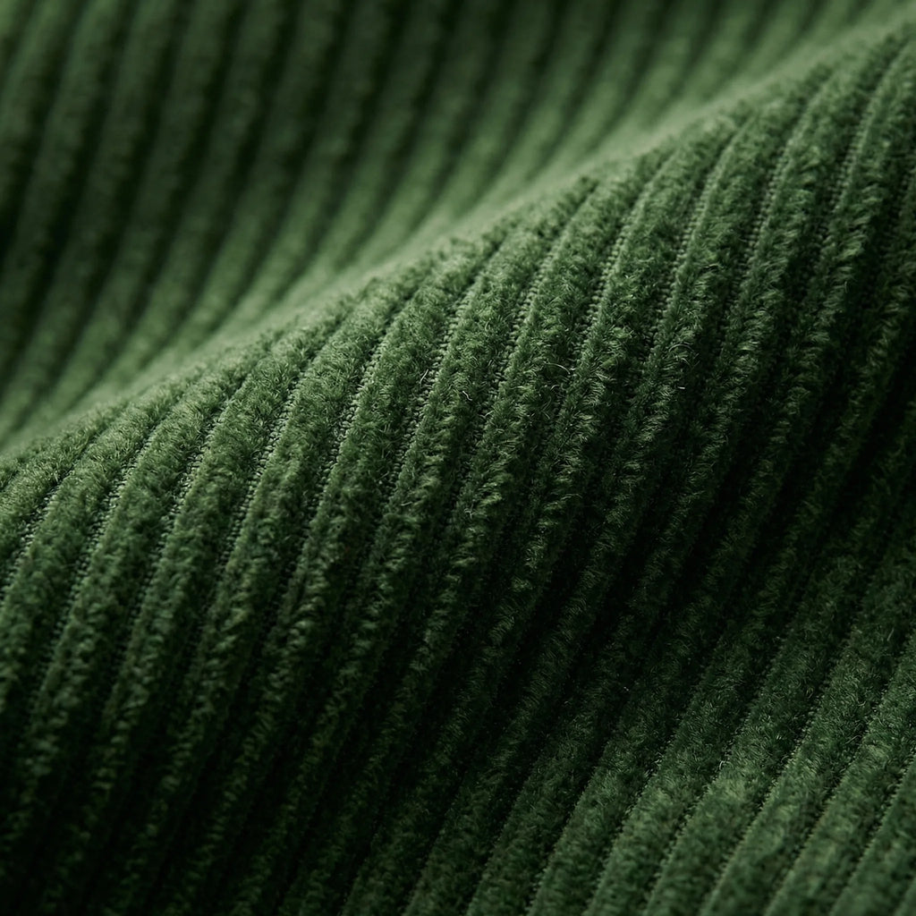 Close-up macro shot of green corduroy fabric showing the fine ribbed weave and soft pile texture