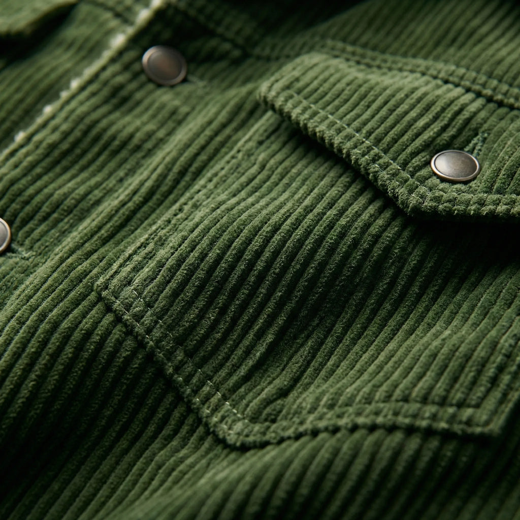 Close-up of green corduroy jacket chest pocket with antique metal snap button and visible stitched seams