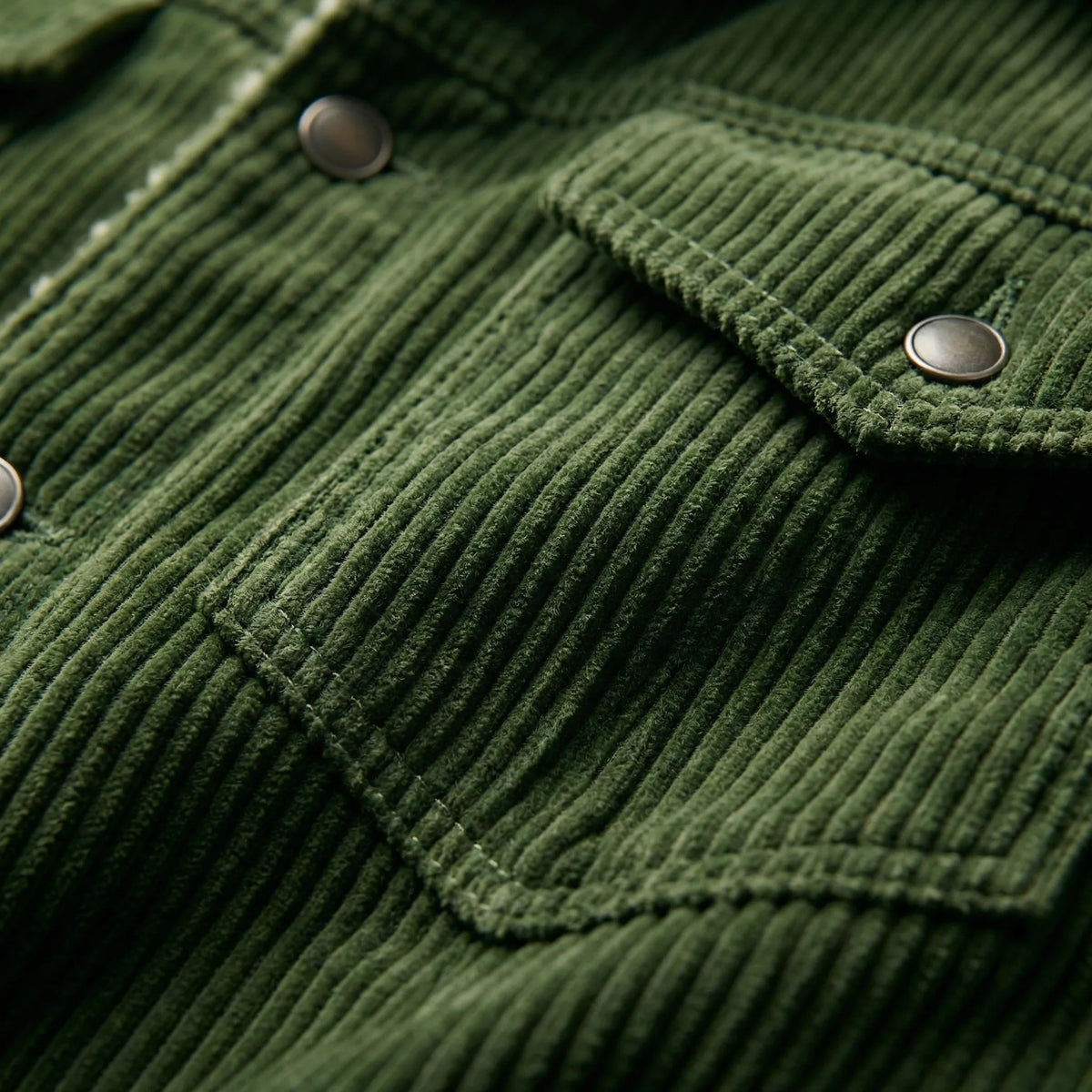 Close-up of green corduroy jacket chest pocket with antique metal snap button and visible stitched seams