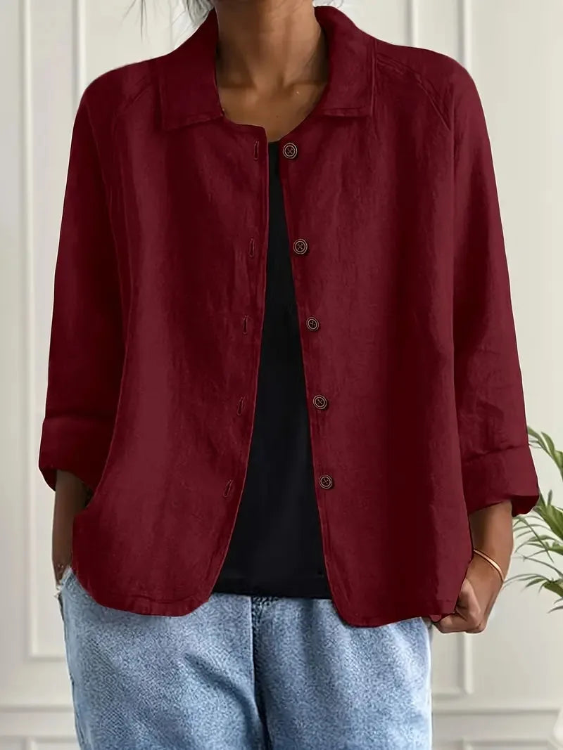 Side angle of a textured shirt jacket showing the raglan shoulder seam and relaxed silhouette