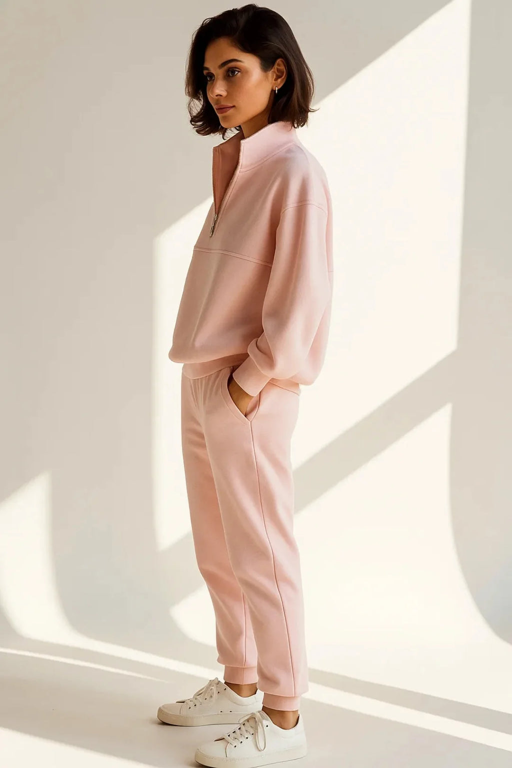 Side profile of the pink quarter-zip tracksuit set showing the relaxed fit and raised collar