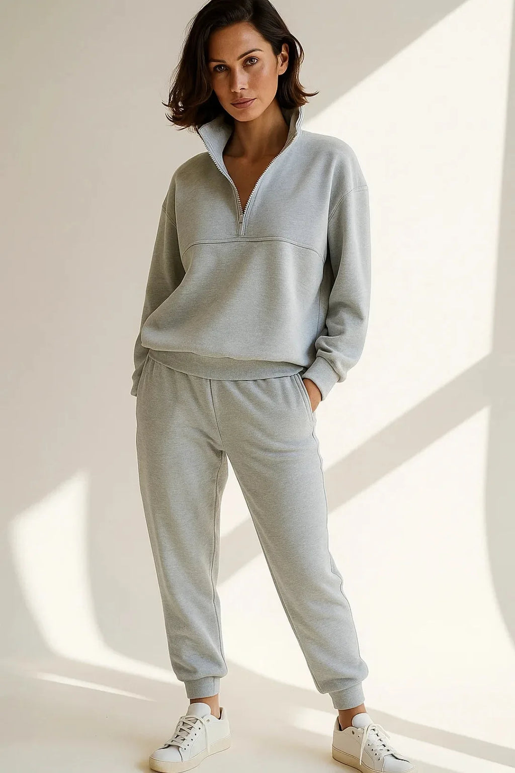 Woman wearing the tracksuit in mid grey marl, standing with one hand in the jogger pocket
