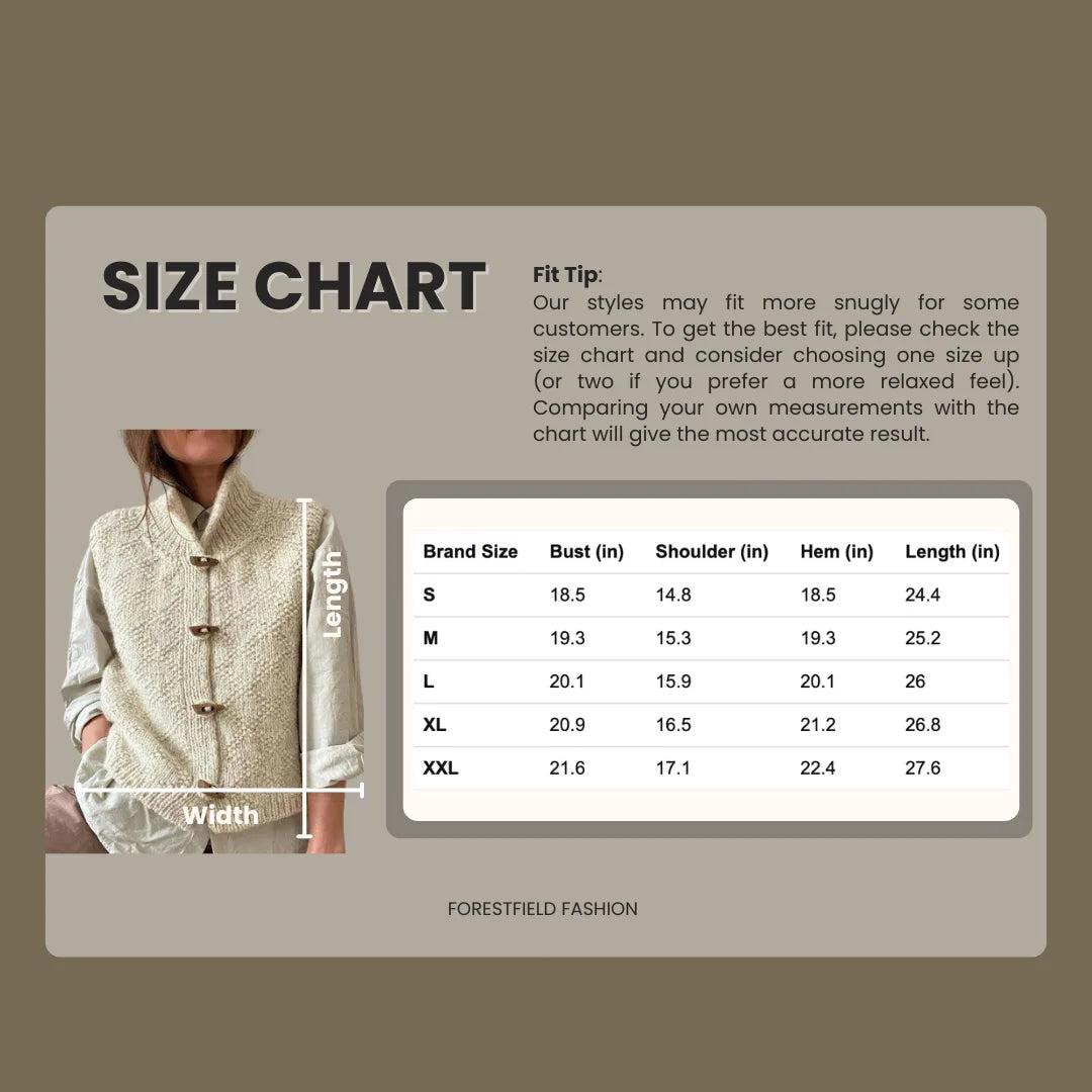 Size chart graphic showing bust, shoulder, hem, and length measurements for sizes S to XXL