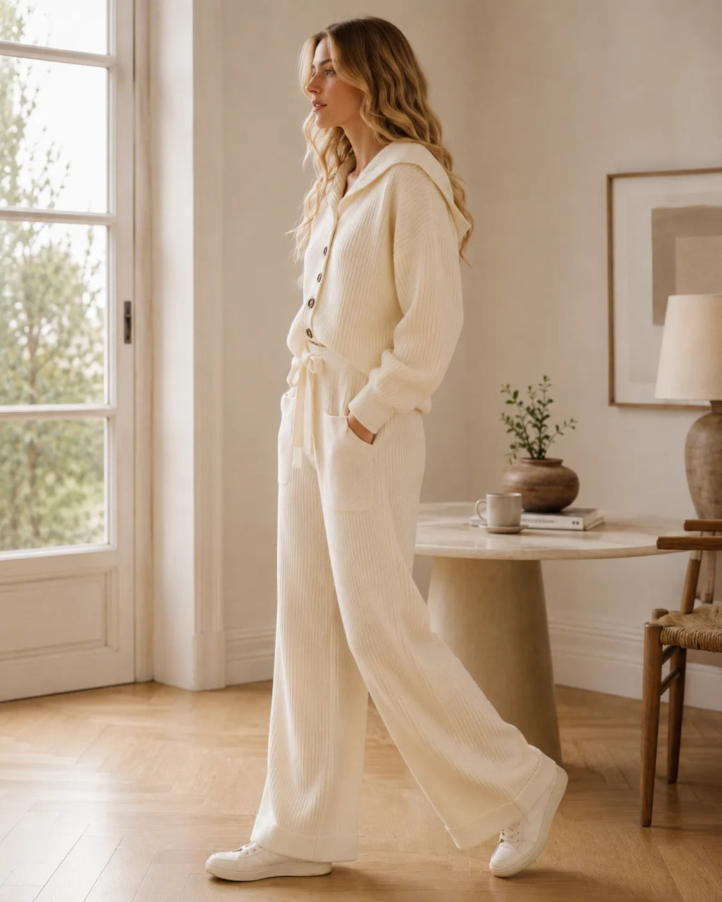 Side view of a woman walking in the cream ribbed knit two-piece set, showing the drawstring waist and flared trouser leg.