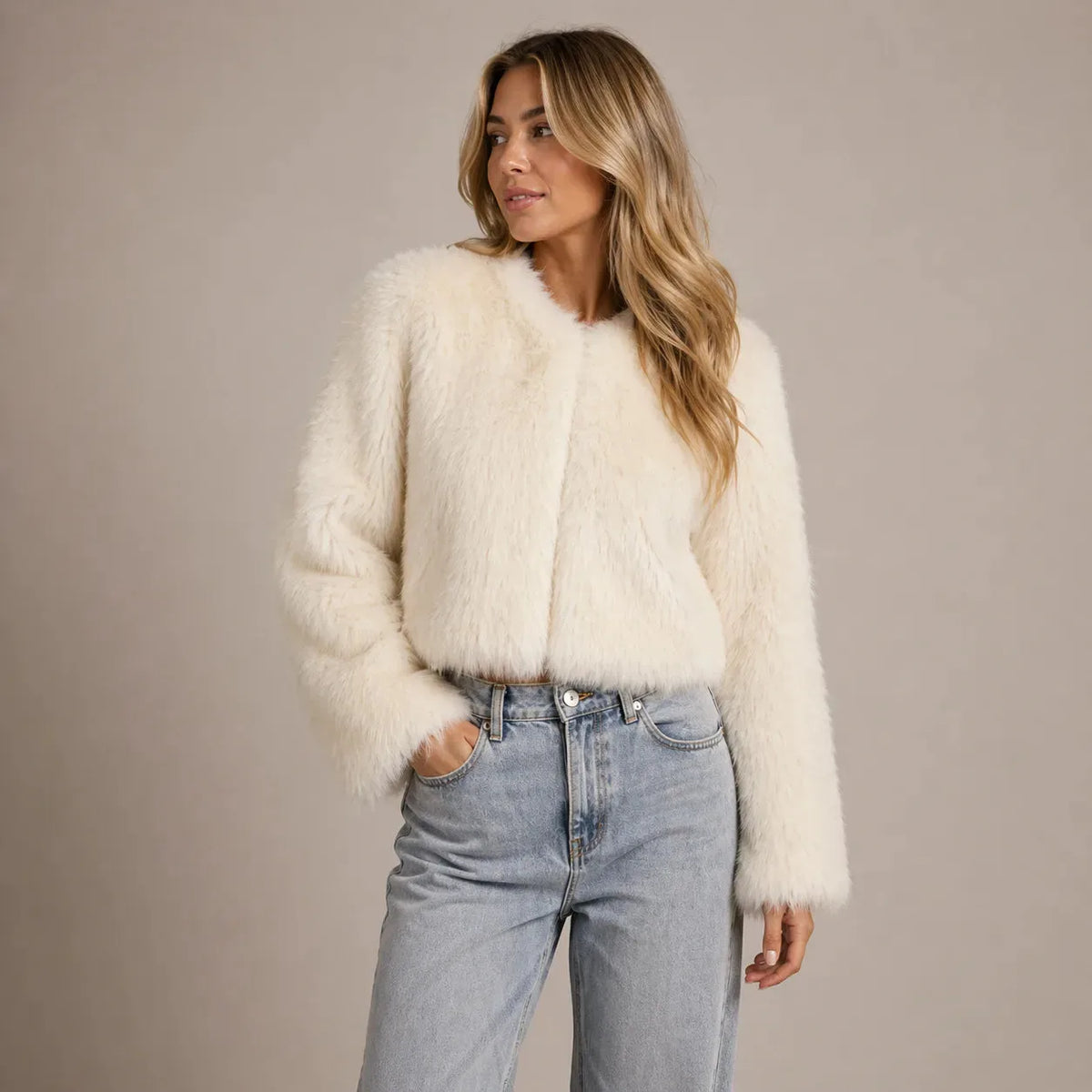 Woman wearing an ivory faux fur cropped jacket with round collar over light wash denim jeans
