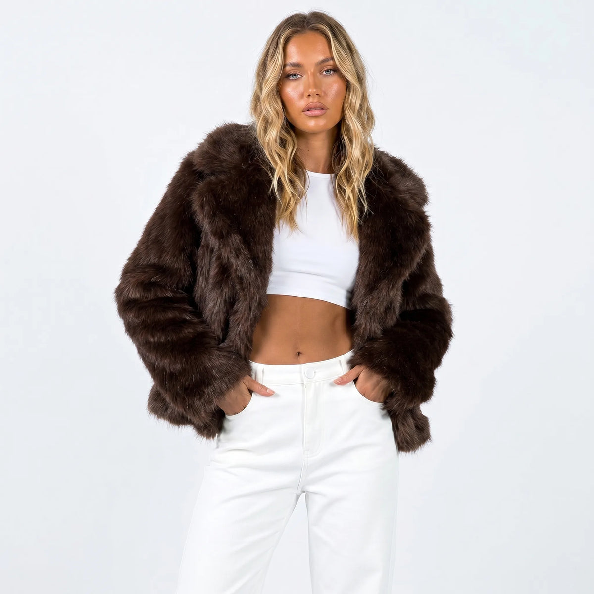Cropped faux fur jacket in deep chocolate brown, close view of the plush fur texture and collar