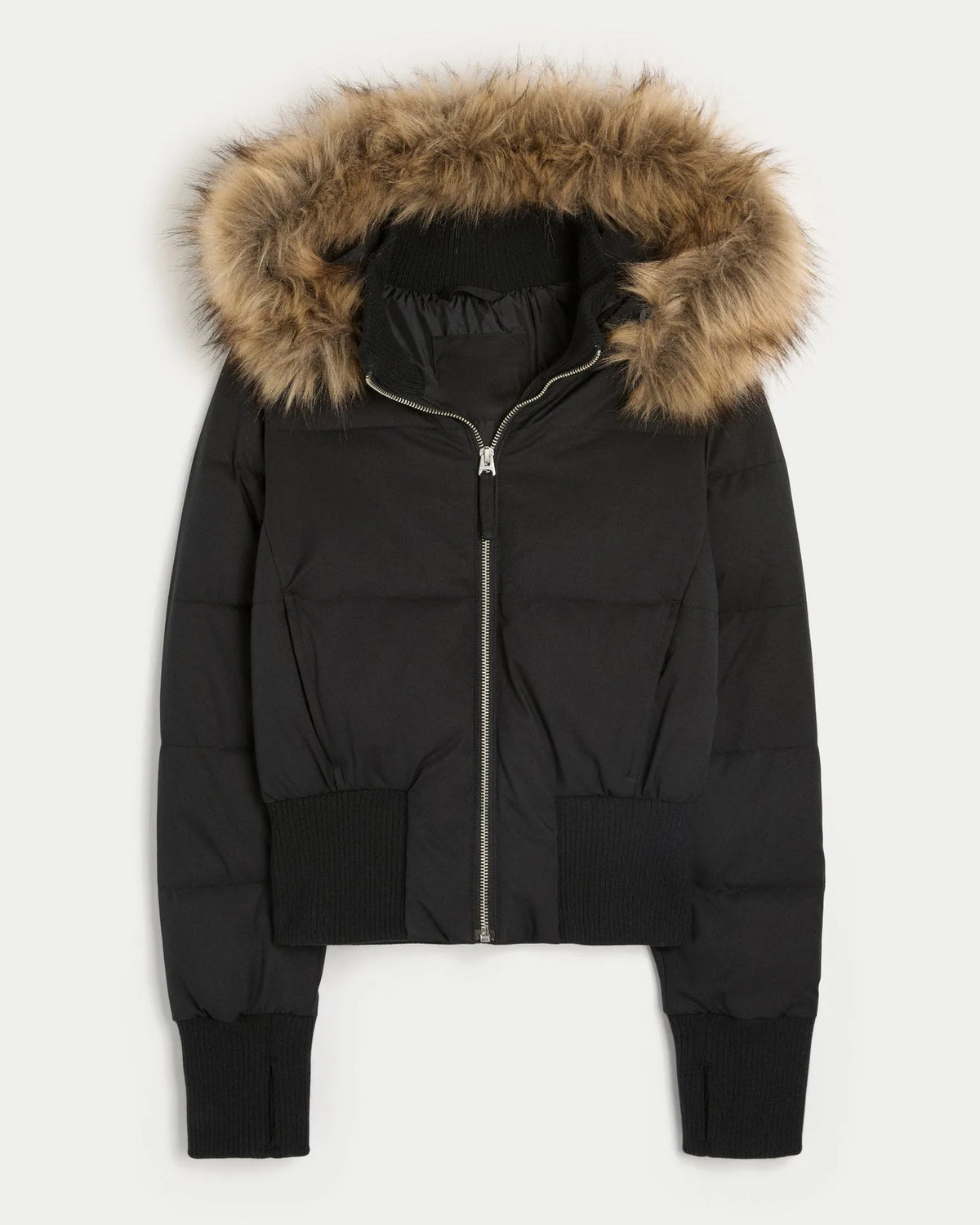 Flat lay of a black cropped puffer jacket with detachable tan faux fur trim hood and ribbed cuffs.