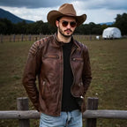 Man wearing a distressed brown leather biker jacket with cowboy hat and sunglasses, standing by a wooden fence in a field