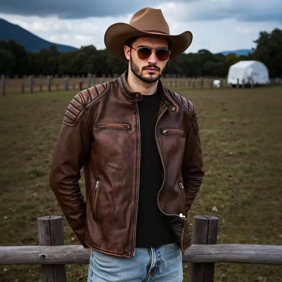 Man wearing a distressed brown leather biker jacket with cowboy hat and sunglasses, standing by a wooden fence in a field