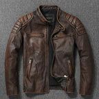 Front view of distressed brown leather jacket laid flat, showing zip pockets, stand collar and quilted shoulder panels