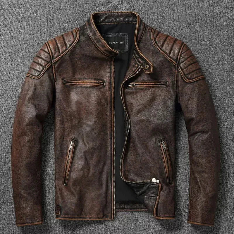 Front view of distressed brown leather jacket laid flat, showing zip pockets, stand collar and quilted shoulder panels