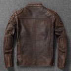 Back view of brown distressed leather jacket showing quilted elbow patches and centre seam detailing