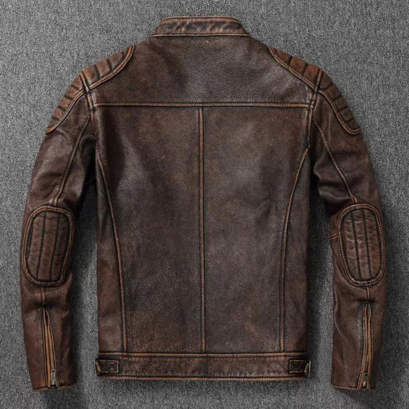 Back view of brown distressed leather jacket showing quilted elbow patches and centre seam detailing