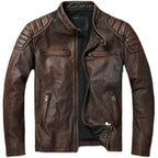 Front view of brown distressed leather jacket on white background showing full biker cut and zip hardware