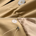 Close-up of the coat's horn-style button, topstitching and soft cotton-blend fabric texture.