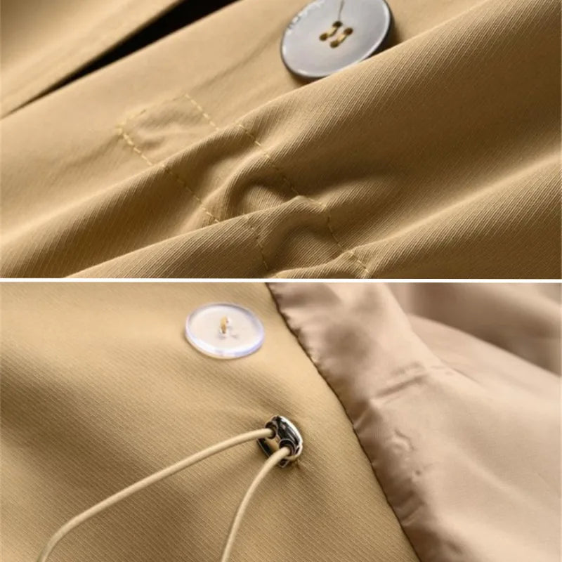 Close-up of the coat's horn-style button, topstitching and soft cotton-blend fabric texture.
