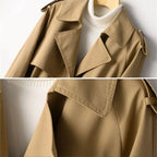 Detail shots of the layered lapel collar worn over a white polo neck jumper, showing the double-breasted overlap.