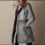Grey tailored coat with contrast textured sherpa hem and polished gold button detailing