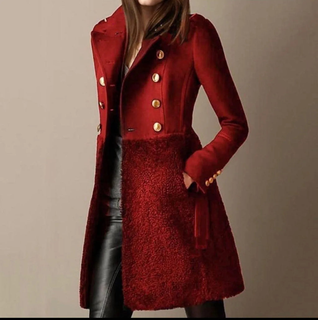 Deep red coat with gold buttons, fitted waist and fluffy sherpa panel from mid-thigh down