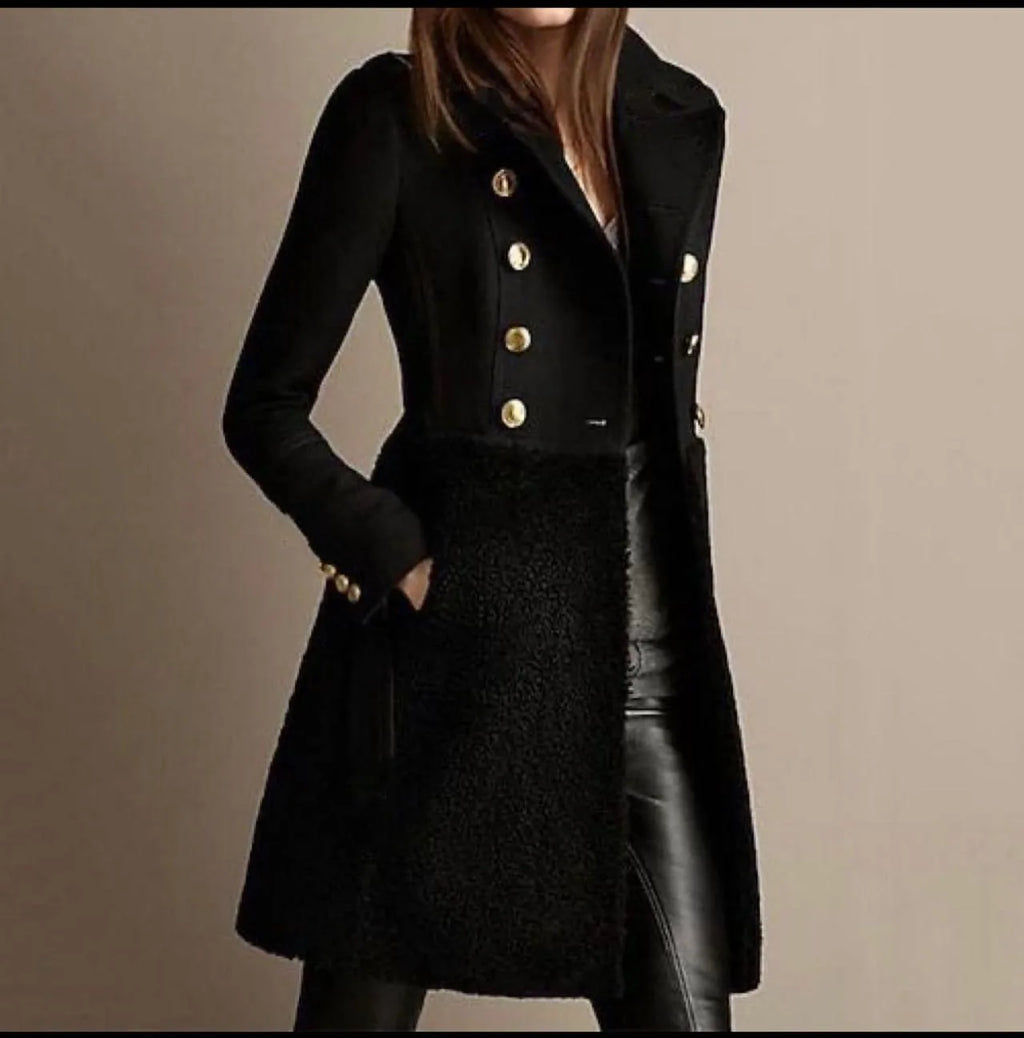 Black double-breasted coat with gold buttons and sherpa panel, styled with leather leggings