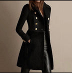 Black double-breasted coat with gold buttons and sherpa panel, styled with leather leggings