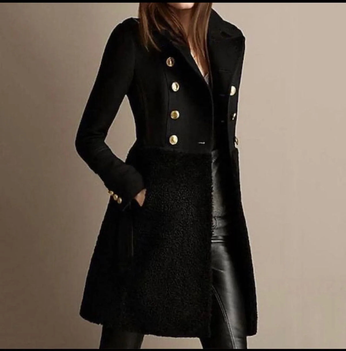 Black double-breasted coat with gold buttons and sherpa panel, styled with leather leggings