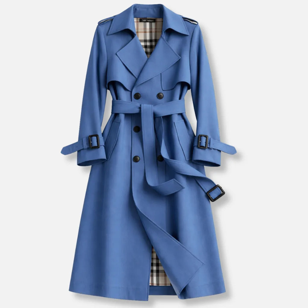 Blue double breasted trench coat with buckled cuffs, tie belt and checked lining showing at the hem