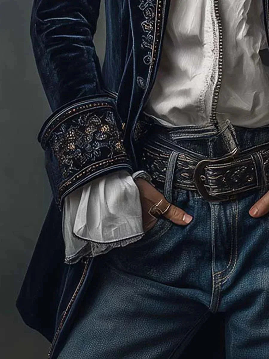 Close-up of embroidered velvet cuff detail with hand resting near a studded leather belt