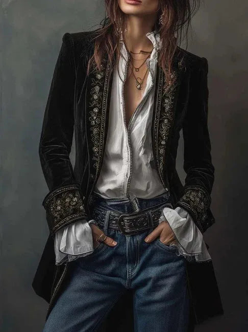 Front view of black velvet jacket with embroidered lapels and cuffs styled with denim