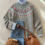 Grey marl Fair Isle jumper with pink, mint and cream yoke pattern, styled with denim and a striped shirt