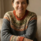Close-up of a smiling woman wearing a grey Fair Isle jumper with rust, green and blue patterned yoke