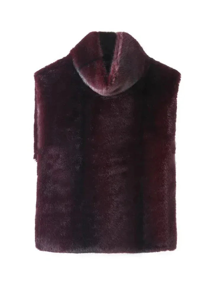 Back view of a burgundy faux fur cropped gilet with a high polo neck, laid flat to show texture