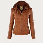 Front view of tan faux leather biker jacket with attached hood, zip pockets and drawstring collar