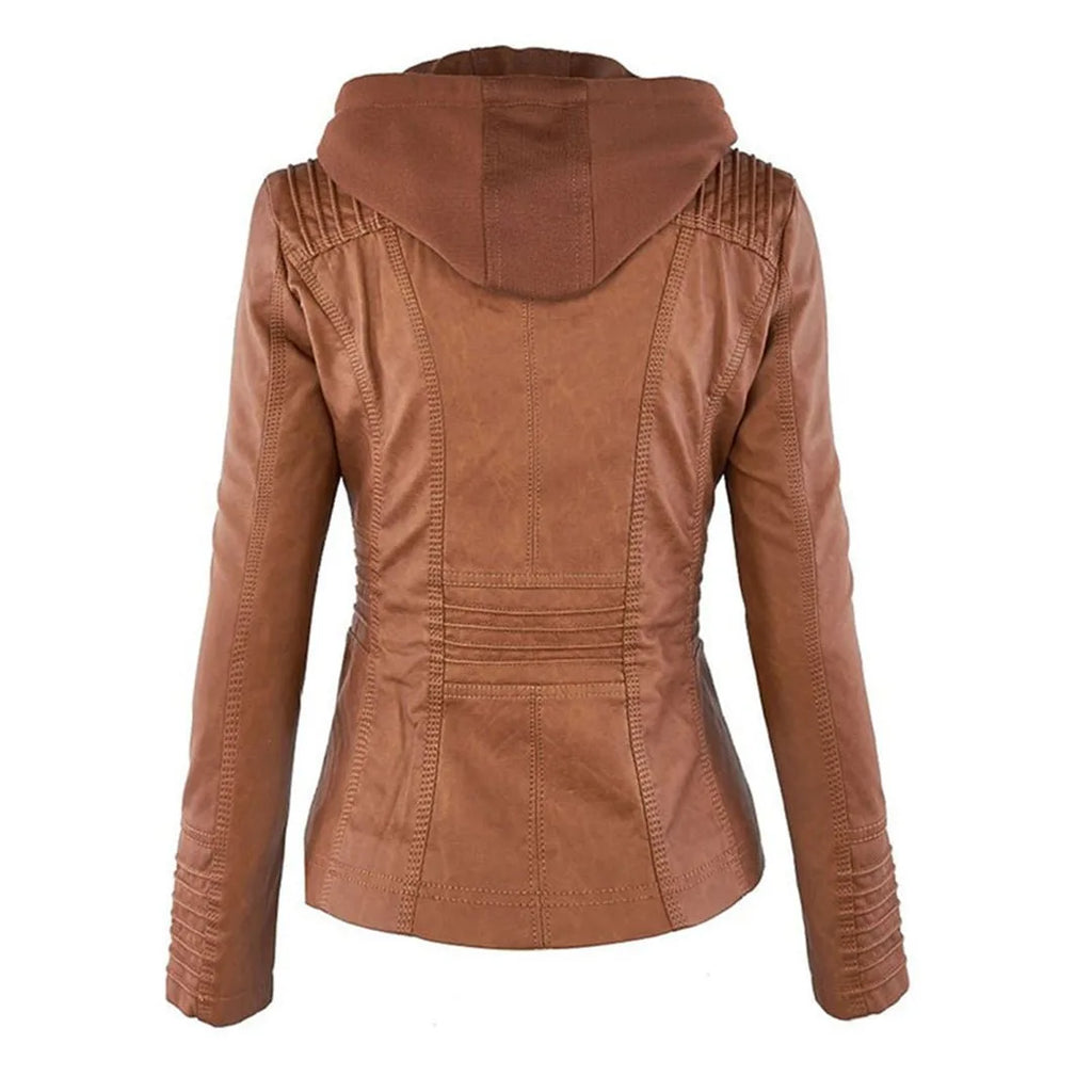 Back view of tan faux leather jacket showing hood, panel seams and fitted waist
