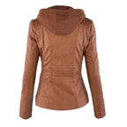 Back view of tan faux leather jacket showing hood, panel seams and fitted waist