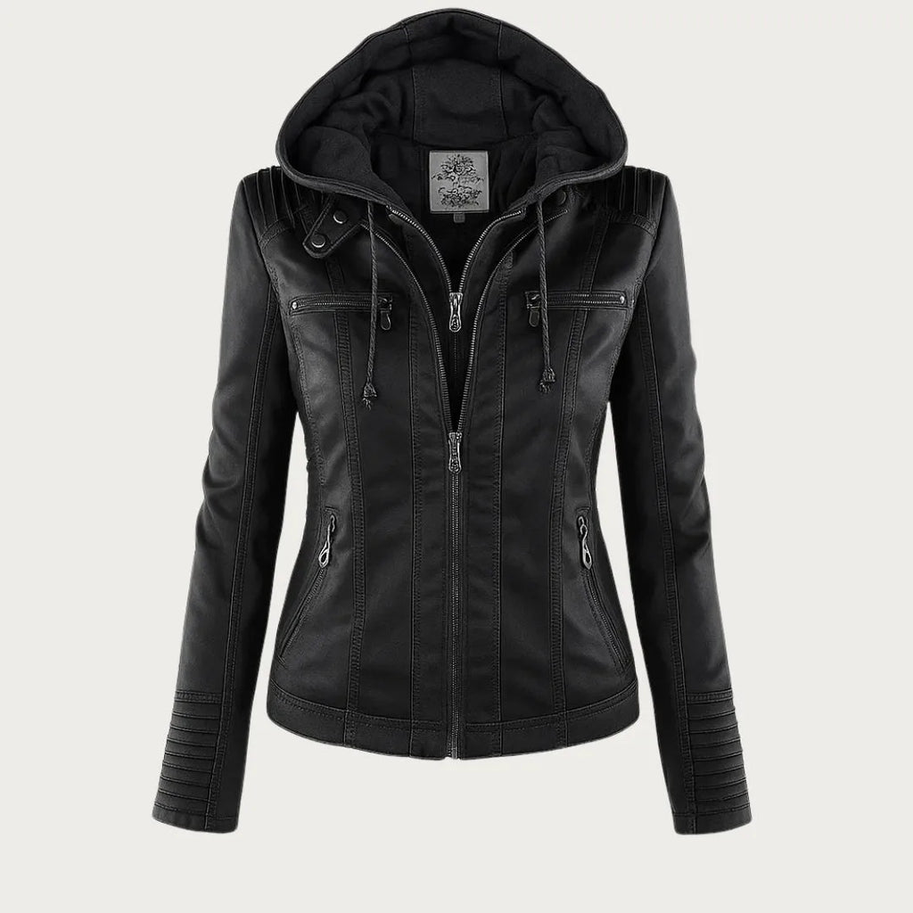 Front view of black faux leather biker jacket with hood up, zip pockets and silver hardware