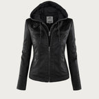 Front view of black faux leather biker jacket with hood up, zip pockets and silver hardware