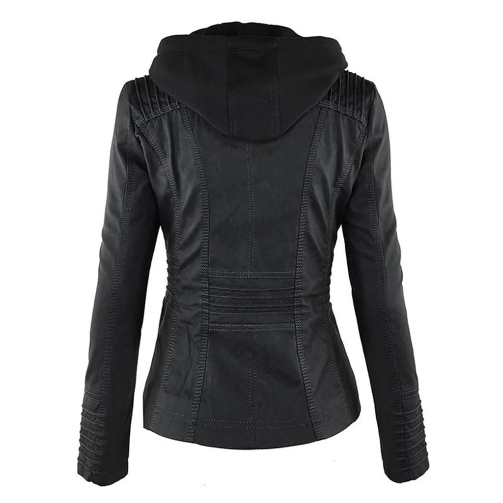 Back view of black faux leather jacket showing hood, ribbed shoulder panels and tailored back seams
