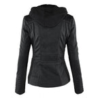 Back view of black faux leather jacket showing hood, ribbed shoulder panels and tailored back seams