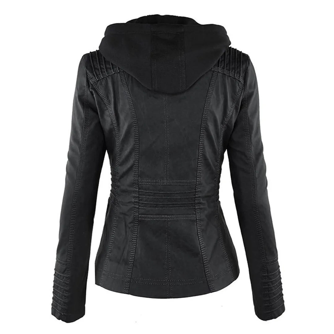 Back view of black faux leather jacket showing hood, ribbed shoulder panels and tailored back seams