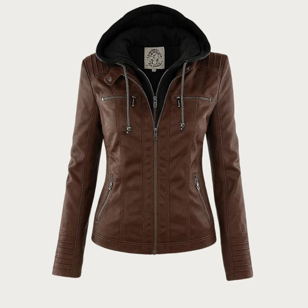 Front view of brown faux leather jacket with hood down, revealing black jersey hood lining