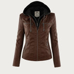 Front view of brown faux leather jacket with hood down, revealing black jersey hood lining