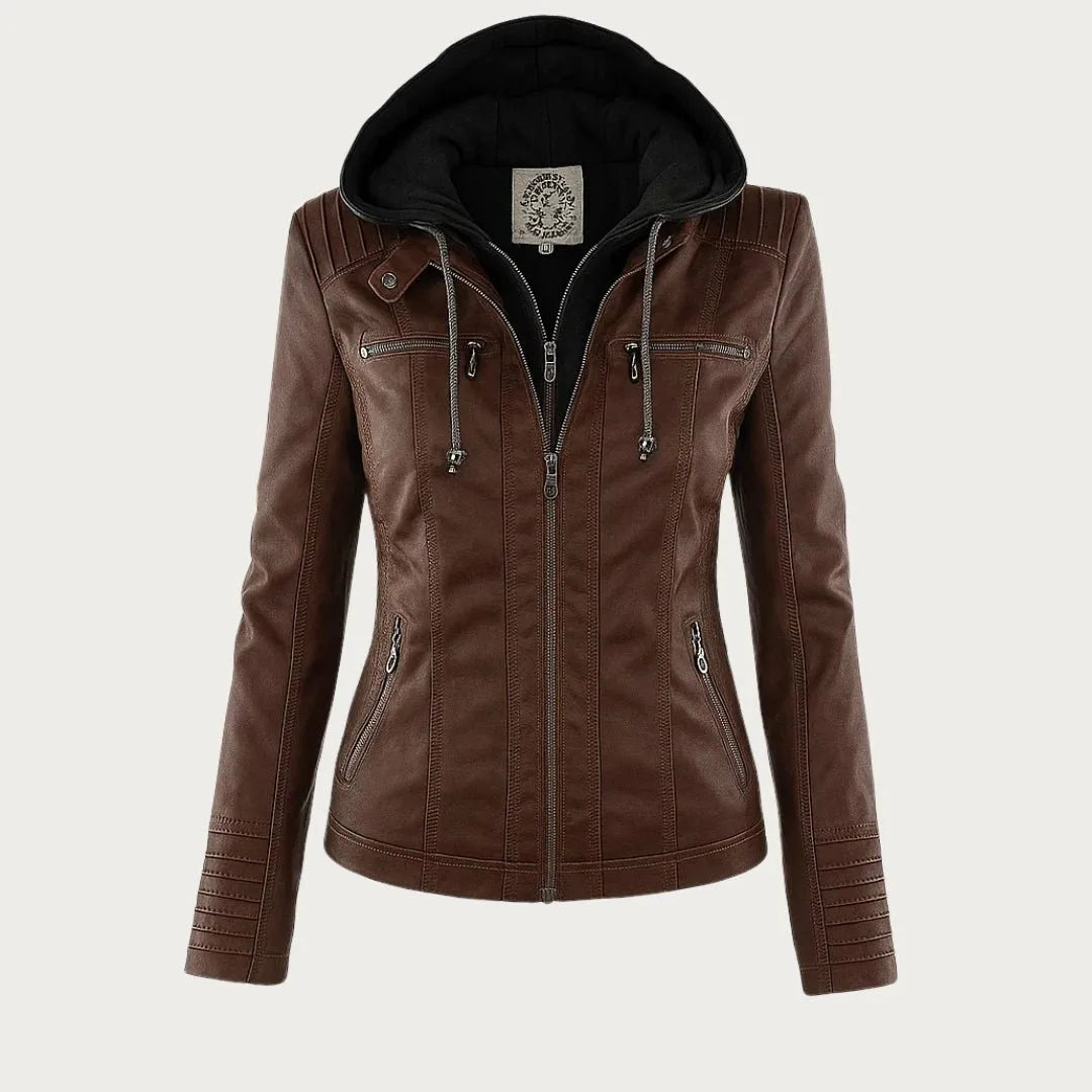 Front view of brown faux leather jacket with hood down, revealing black jersey hood lining
