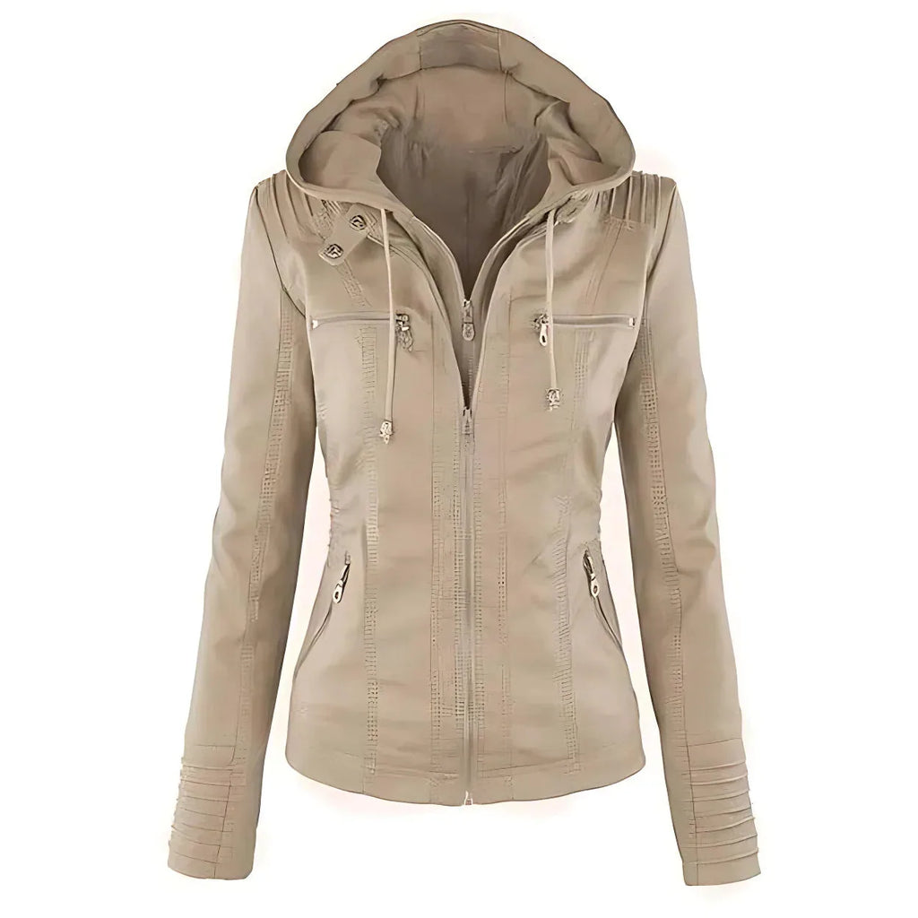 Front view of beige faux leather biker jacket with hood, zip pockets and stitched panel detailing